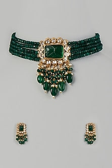 Gold Finish Pearl & Green Stone Choker Necklace Set