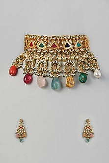 Gold Finish Multi-Colored Stone & Kundan Polki Choker Necklace Set
