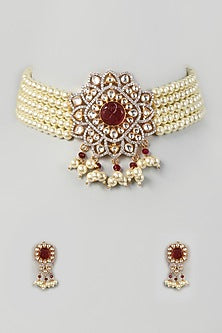 Two Tone Finish Kundan Polki & Pearl Choker Necklace Set