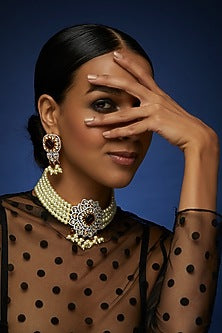 Two Tone Finish Kundan Polki & Pearl Choker Necklace Set