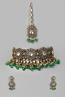 Two Tone Finish Kundan Polki & Green Beaded Choker Necklace Set