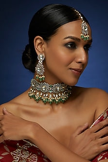 Two Tone Finish Kundan Polki & Green Beaded Choker Necklace Set