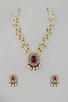 Two Tone Finish Red Stone & Pearl Long Necklace Set