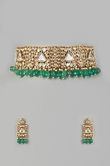 Gold Finish Kundan Polki & Green Beaded Choker Necklace Set
