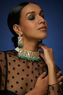 Gold Finish Kundan Polki & Green Beaded Choker Necklace Set