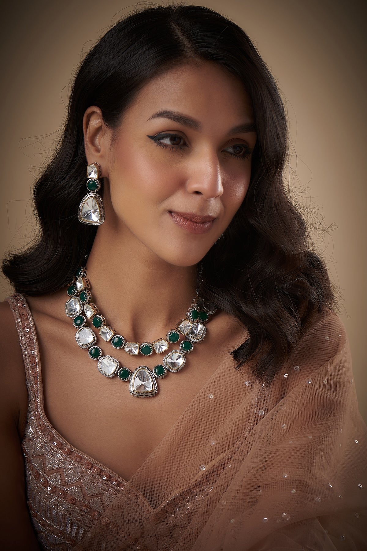 Two Tone Finish Kundan Polki & Green Stone Layered Necklace Set