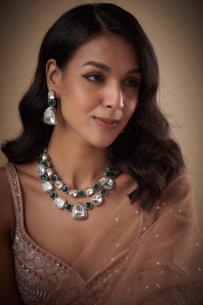 Two Tone Finish Kundan Polki & Green Stone Layered Necklace Set