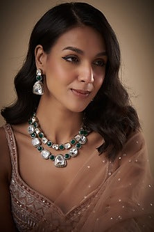 Two Tone Finish Kundan Polki & Green Stone Layered Necklace Set