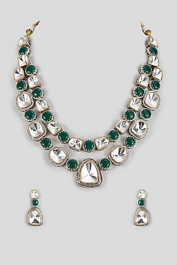 Two Tone Finish Kundan Polki & Green Stone Layered Necklace Set