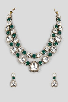 Two Tone Finish Kundan Polki & Green Stone Layered Necklace Set