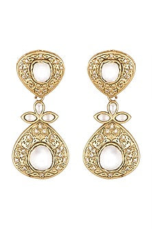 Gold Finish Kundan Polki Engraved Earrings