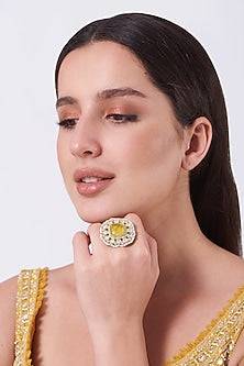 Gold Finish Kundan Polki & Yellow Synthetic Stone Ring