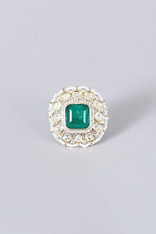 Gold Finish Kundan Polki Green Synthetic Stone Ring