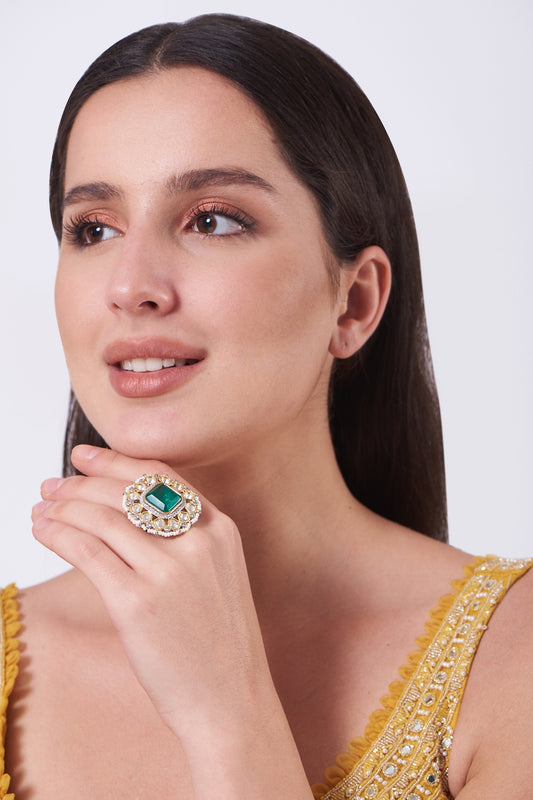 Gold Finish Kundan Polki Green Synthetic Stone Ring