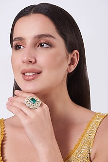 Gold Finish Kundan Polki Green Synthetic Stone Ring
