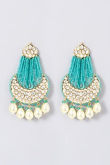 Gold Finish Kundan Polki & Turquoise Beaded Earrings