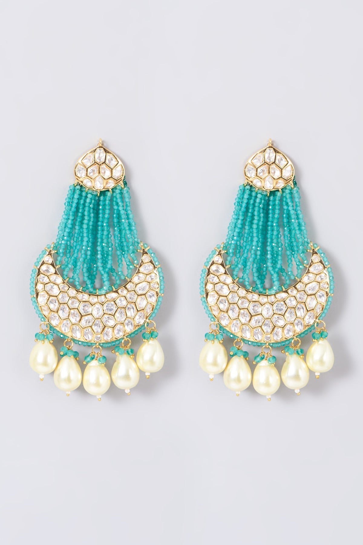 Gold Finish Kundan Polki & Turquoise Beaded Earrings