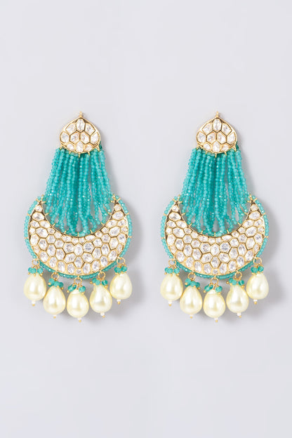 Gold Finish Kundan Polki & Turquoise Beaded Earrings