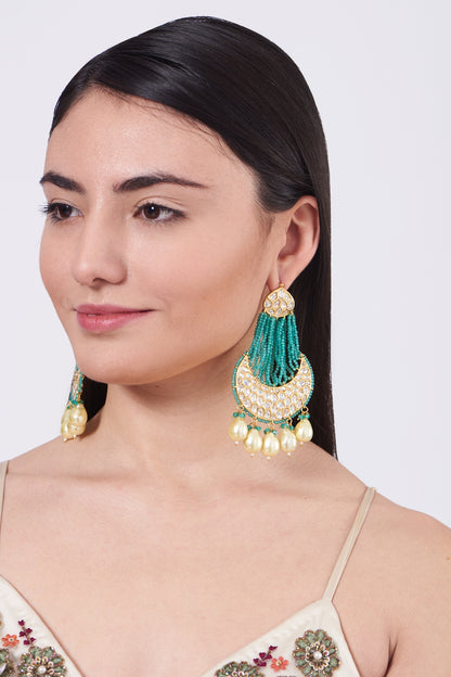 Gold Finish Kundan Polki & Turquoise Beaded Earrings