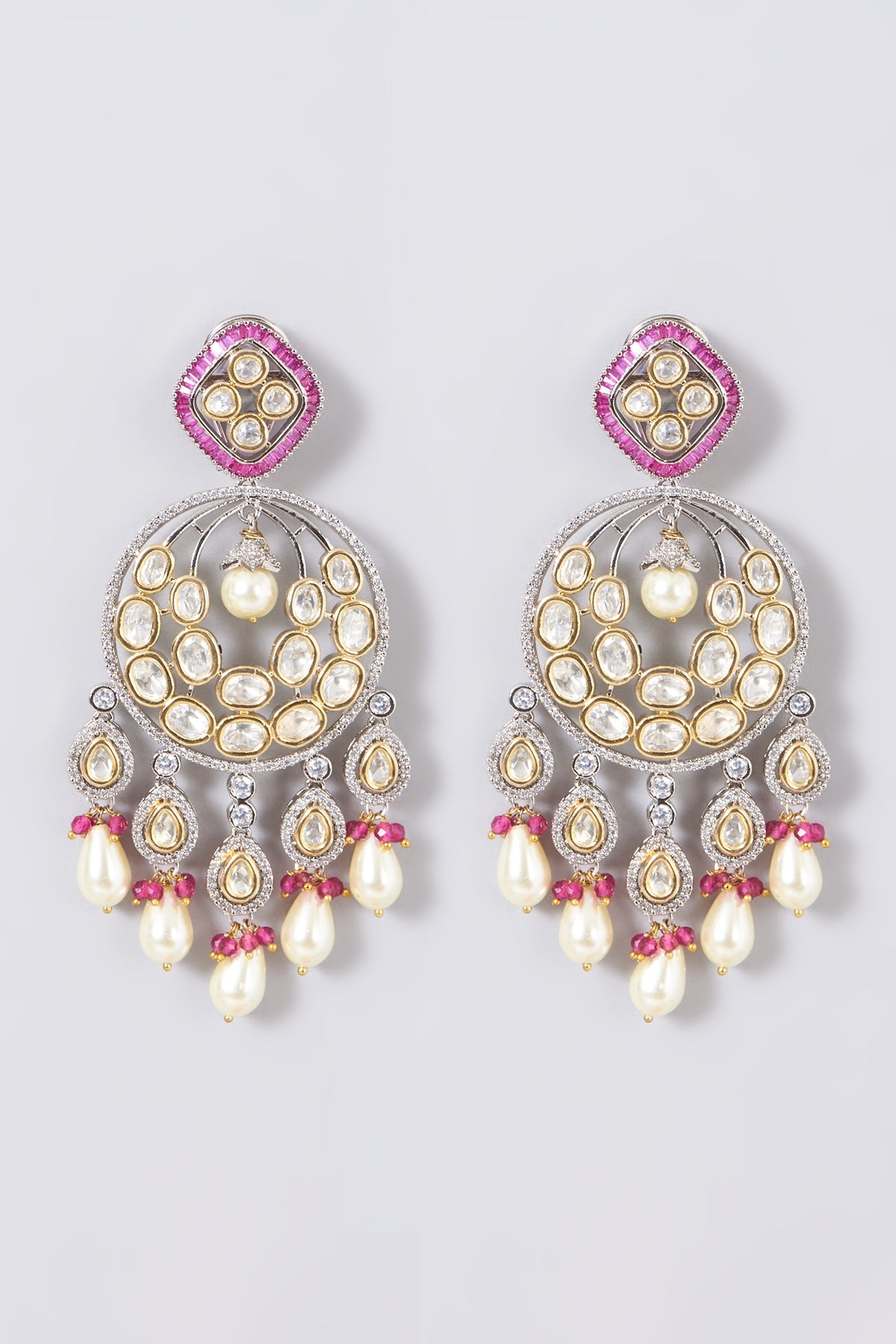 Two Tone Finish Kundan Polki & Red Beaded Dangler Earrings
