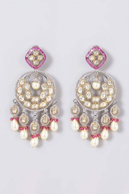 Two Tone Finish Kundan Polki & Red Beaded Dangler Earrings