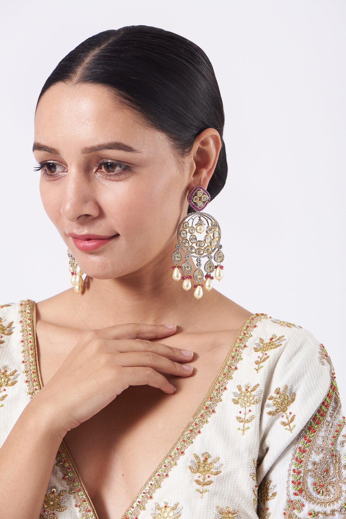 Two Tone Finish Kundan Polki & Red Beaded Dangler Earrings