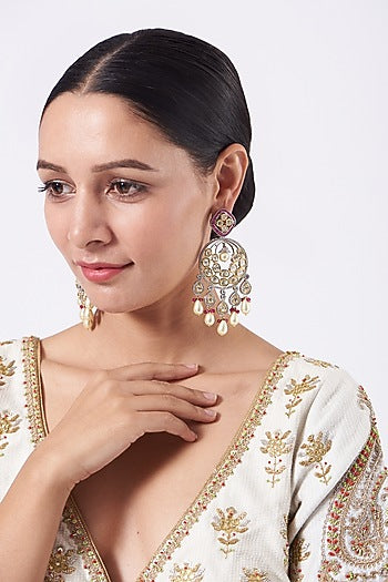 Two Tone Finish Kundan Polki & Red Beaded Dangler Earrings