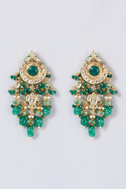 Gold Finish Kundan Polki & Green Beaded Dangler Earrings