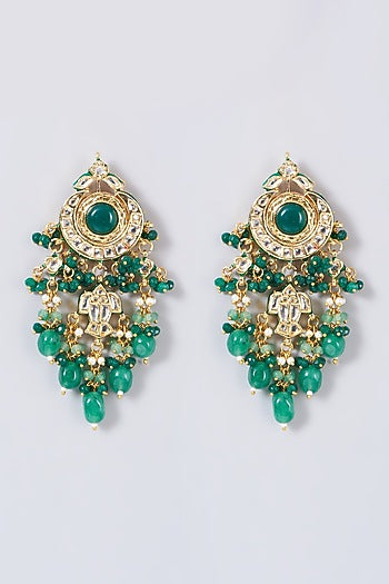 Gold Finish Kundan Polki & Green Beaded Dangler Earrings