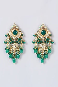 Gold Finish Kundan Polki & Green Beaded Dangler Earrings