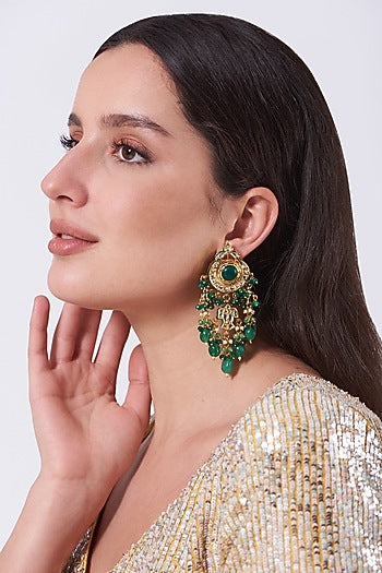 Gold Finish Kundan Polki & Green Beaded Dangler Earrings