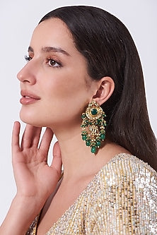 Gold Finish Kundan Polki & Green Beaded Dangler Earrings