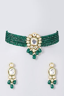 Gold Finish Kundan Polki & Green Beaded Choker Necklace Set