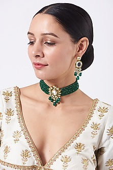 Gold Finish Kundan Polki & Green Beaded Choker Necklace Set