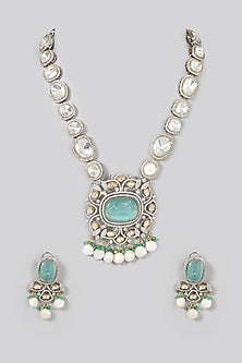 Two Tone Finish Turquoise Synthetic Stone & Pearl Long Necklace Set