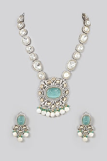 Two Tone Finish Turquoise Synthetic Stone & Pearl Long Necklace Set