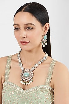 Two Tone Finish Turquoise Synthetic Stone & Pearl Long Necklace Set