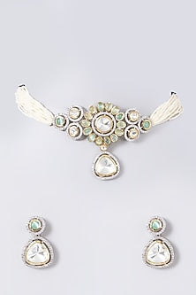 Two Tone Finish Zircon & Pearl Choker Necklace Set