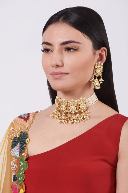 Gold Finish Kundan Polki & Pearl Choker Necklace Set