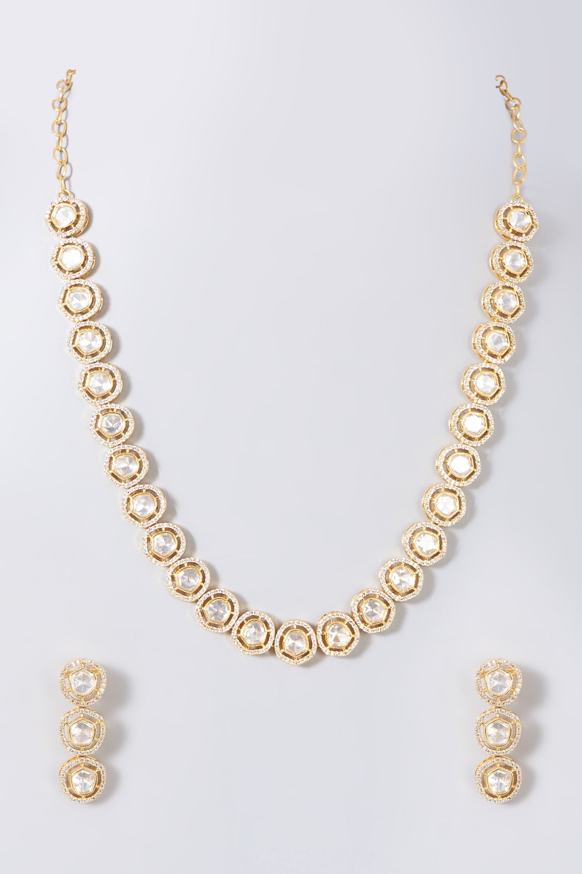 Gold Finish Kundan Polki & Zircon Necklace Set