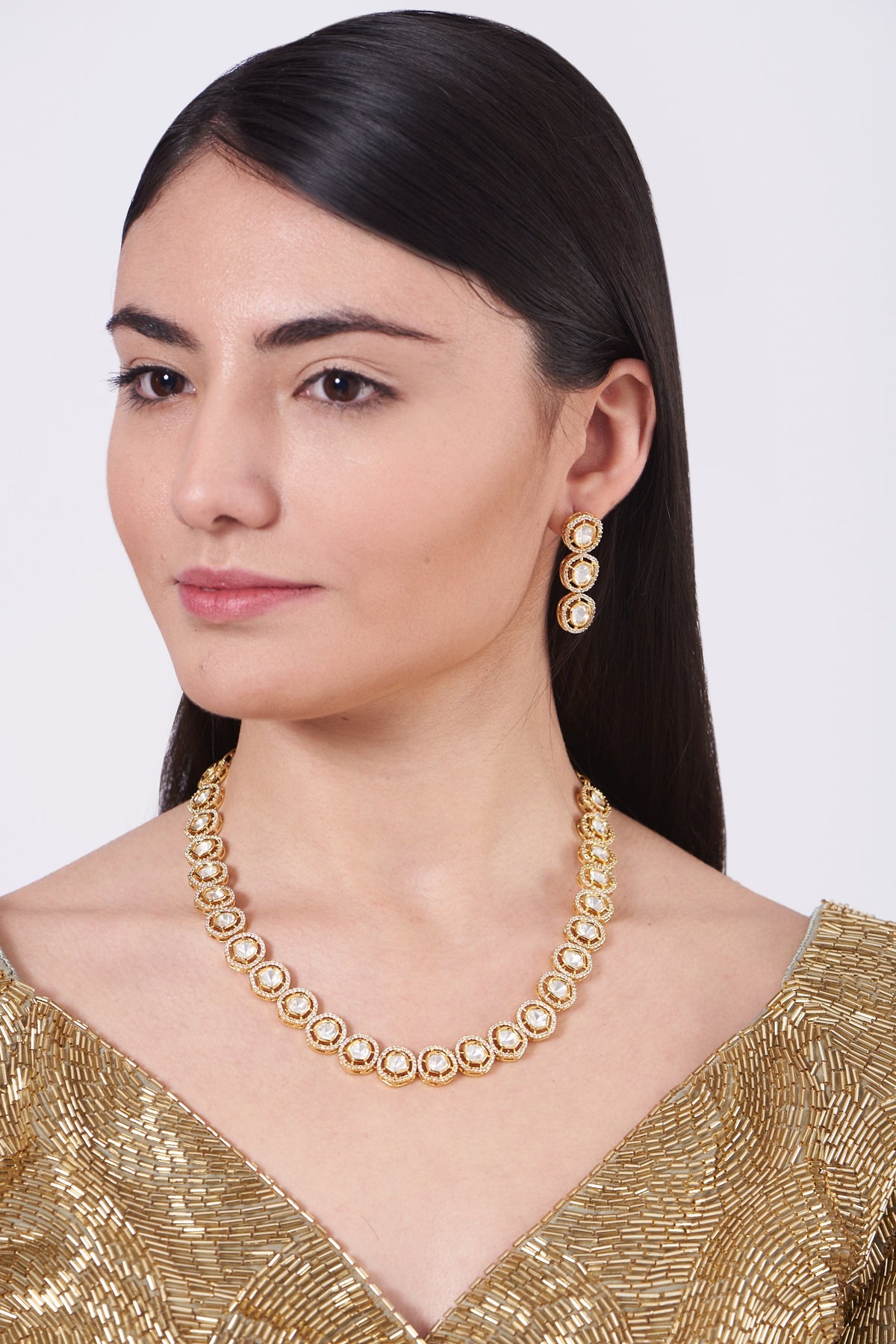 Gold Finish Kundan Polki & Zircon Necklace Set