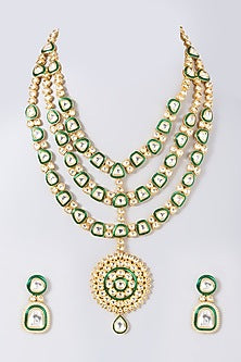 Gold Finish Kundan Polki Green Enameled Long Necklace Set