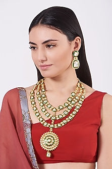 Gold Finish Kundan Polki Green Enameled Long Necklace Set