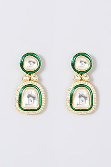 Gold Finish Kundan Polki Green Enameled Long Necklace Set