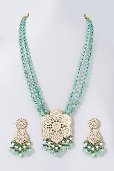 Gold Finish Kundan Polki & Turquoise Beaded Long Necklace Set