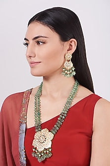 Gold Finish Kundan Polki & Turquoise Beaded Long Necklace Set