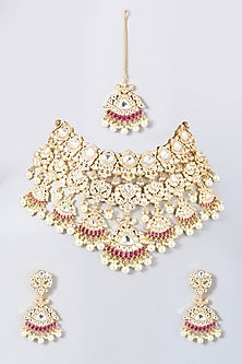 Gold Finish Kundan Polki & Red Stone Choker Necklace Set