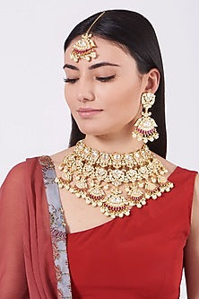 Gold Finish Kundan Polki & Red Stone Choker Necklace Set