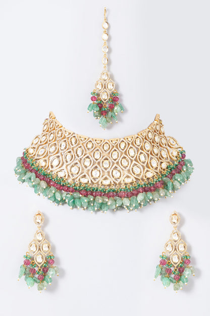Gold Finish Red & Green Beaded Choker Necklace Set