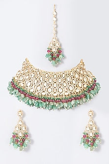 Gold Finish Red & Green Beaded Choker Necklace Set